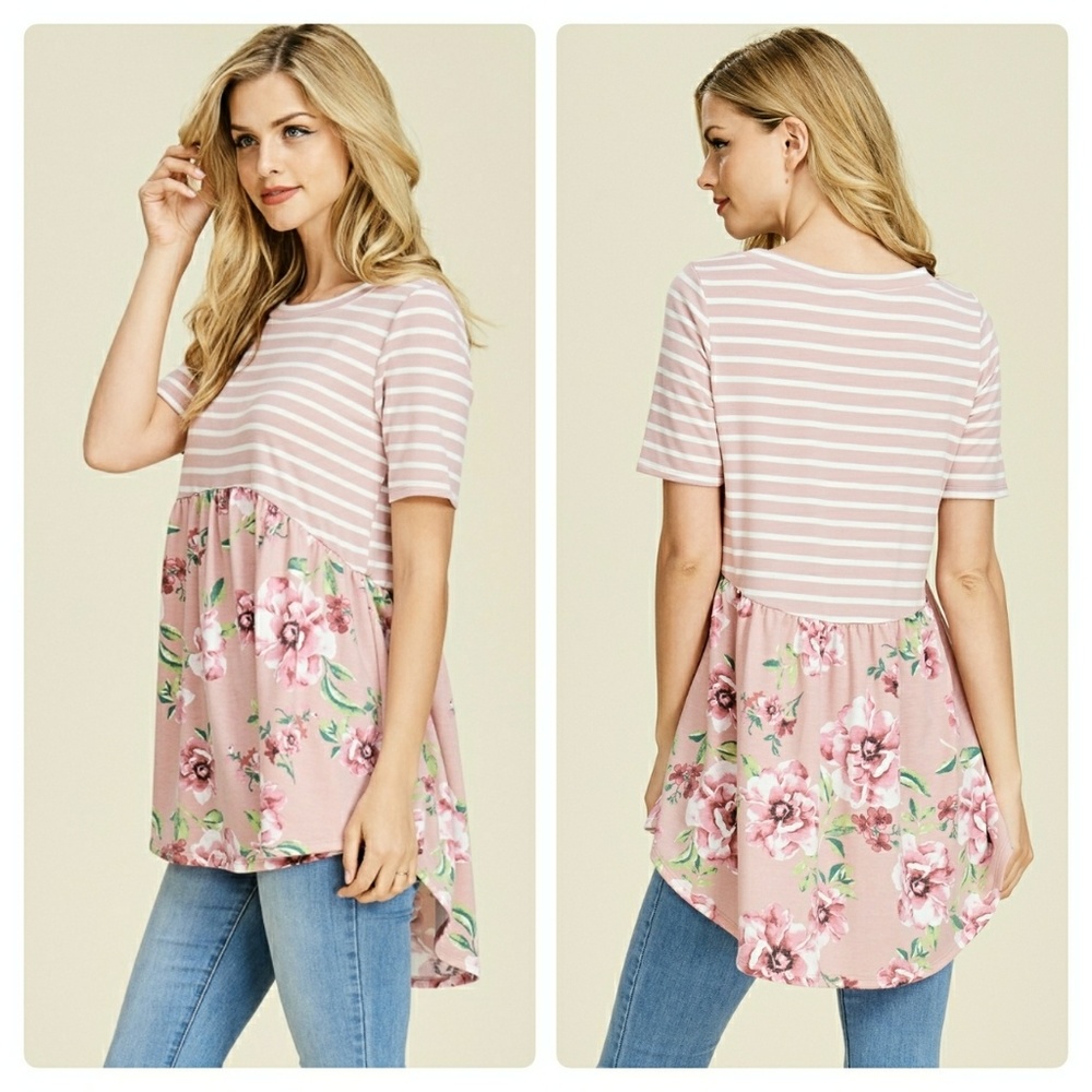 ❣SOLD OUT NWT Striped And Floral Short Sleeve Top - Picture 3 of 3